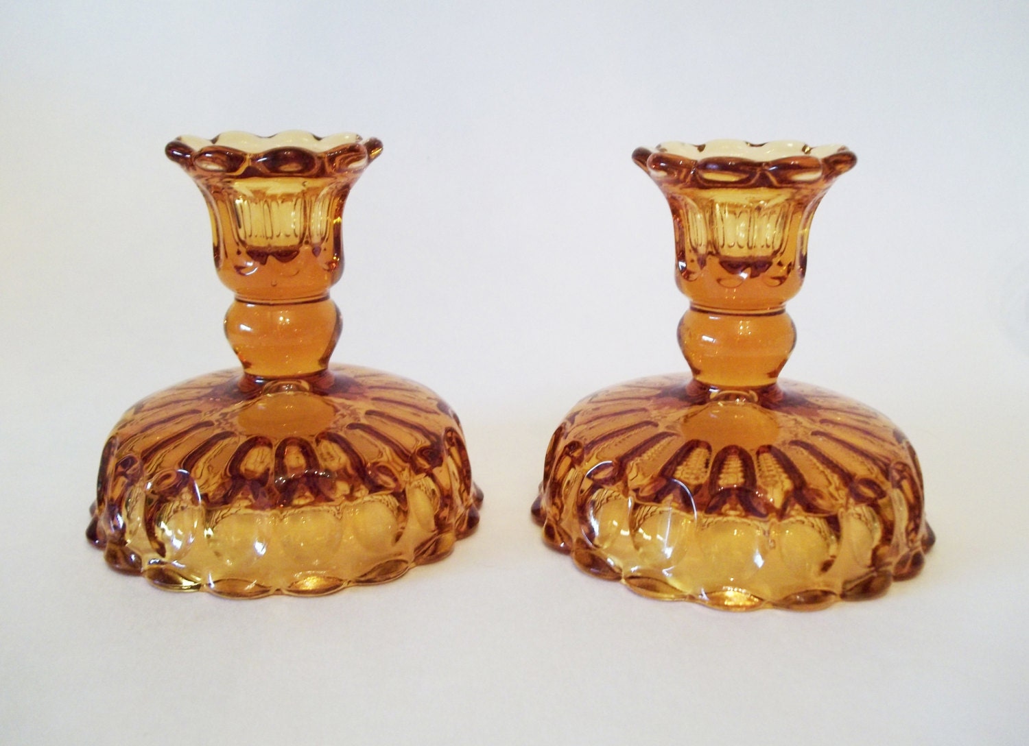 Fenton Glass Candle Holders Thumbprint Colonial Amber Gold