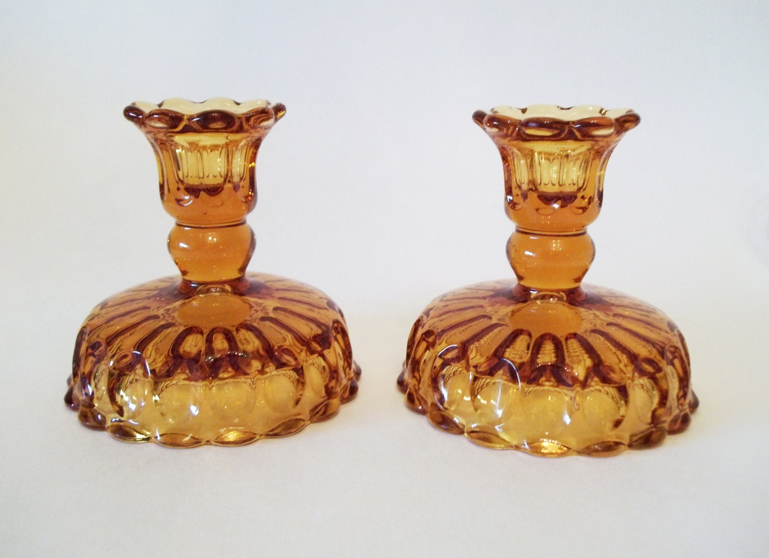 Fenton Glass Candle Holders Thumbprint Colonial Amber Gold 8161