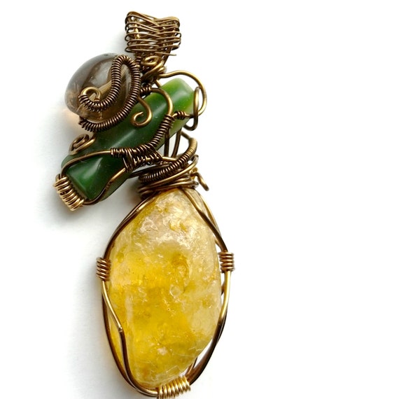 Amber Pendant Wire Wrapped Pendant Handmade Jewelry New Zealand Jade Smoky Quartz Crystal Statement Necklace Healing Jewelry Wire Wrapping