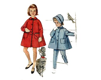 1960s Girls Coat Hat and Pants Pattern Flare Tent Coat Bonnet Tapered Pants Johhny Collar Simplicity 3654 Size 3 OR 5 Vintage Sewing Pattern