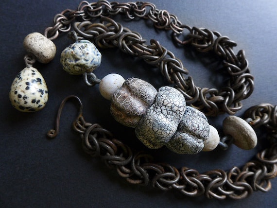 Baetyl. Chunky grey choker with polymer clay art beads. Victorian tribal assemblage.