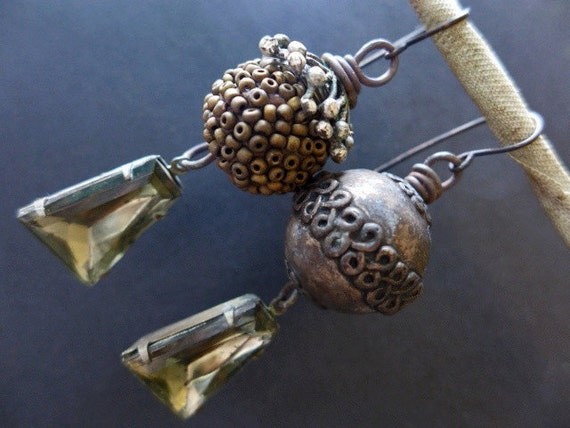 Hierophant. Bold, champaign earrings with rustic beads and refined rhinestones. Victorian tribal assemblage.