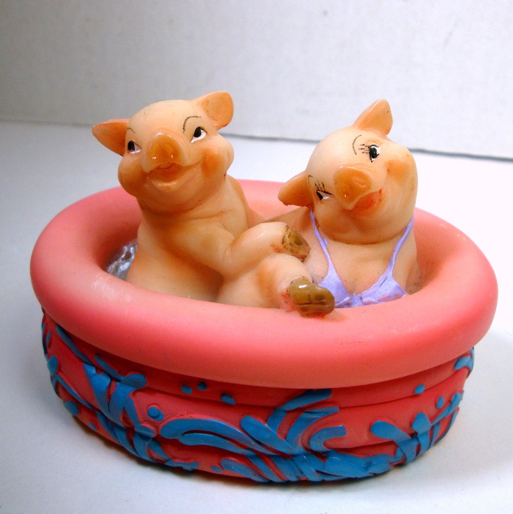 2 Pigs in a Pink Kiddie Pool, with Seashell Treasures, Limoges Style, 2