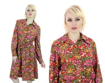 70s MOD Dress Vintage Psychedelic 1970s 60s Bright Floral Button Down Circle Skirt Retro Medium M Large L