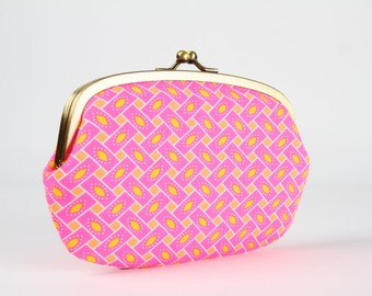Metal frame purse with two sections - Citrus rose - big siamese / Petit Pan french fabric / Neon pink neon orange yellow blue / Geometric