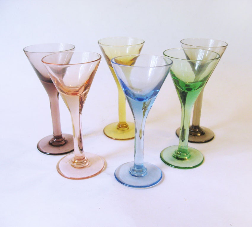 Fun Set of 6 MultiColored Glass Cordial or Liquor Stems Sherry or
