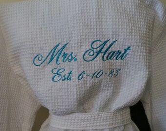 Brides Robe Personalized Monogram or Name and Mrs. Name on the back with date Waffle Weave Spa Robe Embroidered Bridal gift. Wedding Gift.