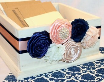 CARD BOX, Wedding Card Box, Navy and Peach Wedding, Ivory Box,Shabby Chic Flowers, Custom colors available