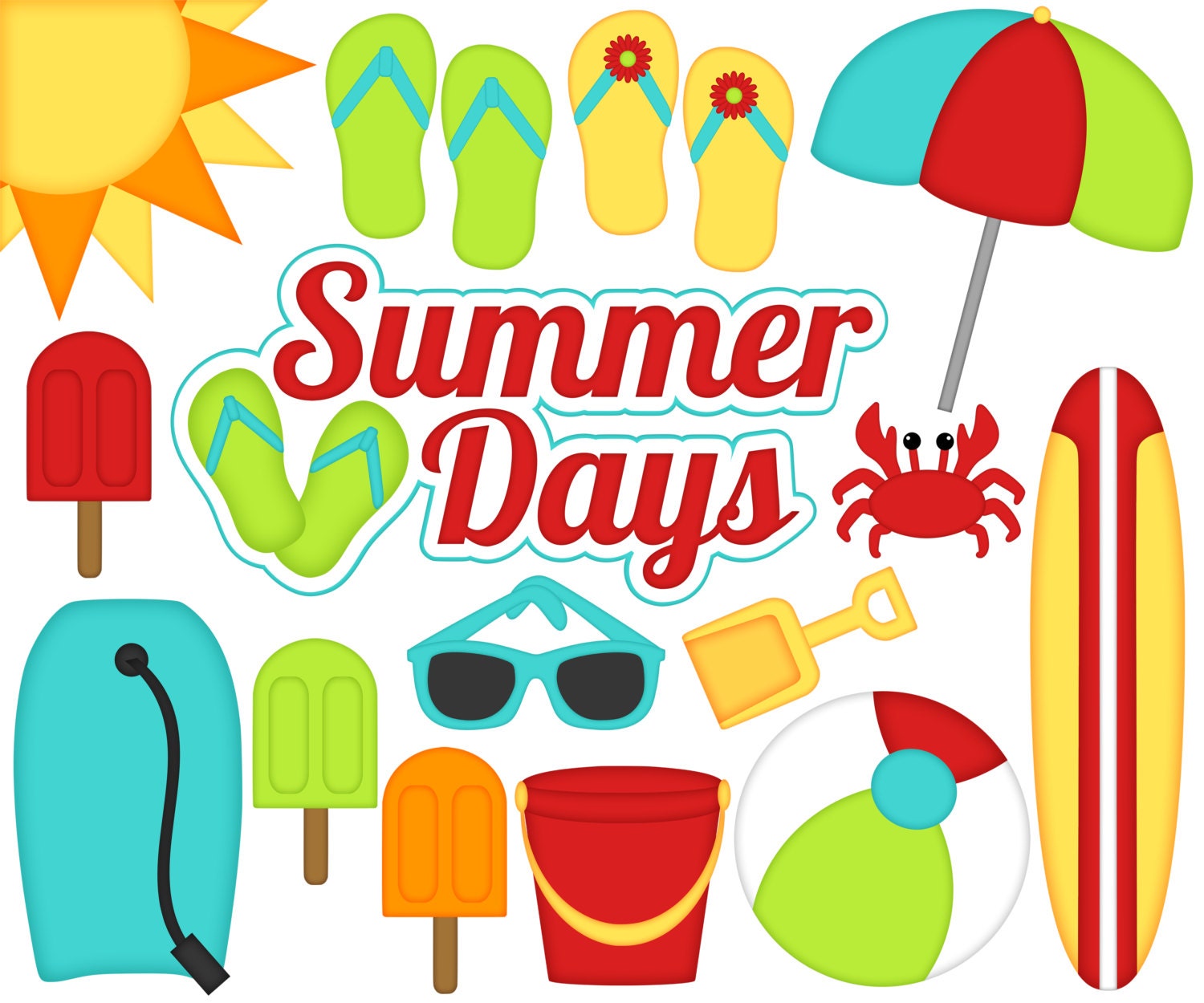 Summer Days Digital Clipart - Set of 17 - Sun, Surfboard, Flip Flops ...