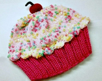 Cupcake Hat preemie newborn toddler sizes Raspberry Watermelon Cake with Pink Cotton Candy Sprinkle Frosting Handmade Hand Knit Adult Child