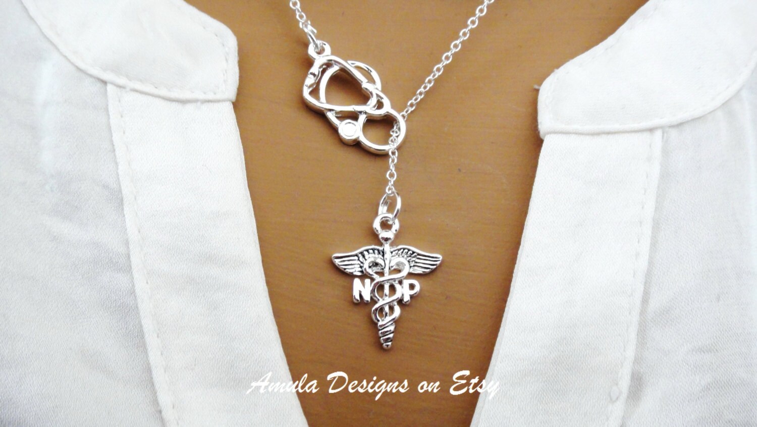 NP Nurse Practitioner Caduceus Stethoscope Lariat Necklace