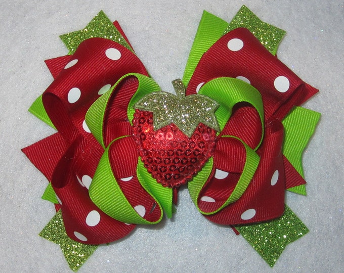 Strawberry Hairbow, summer Bow, Girl Boutique Bow, Boutique Hairbows, Funky Hairbows, Glitter Strawberry Bows, Fruit Bows, Girls Hair Bows