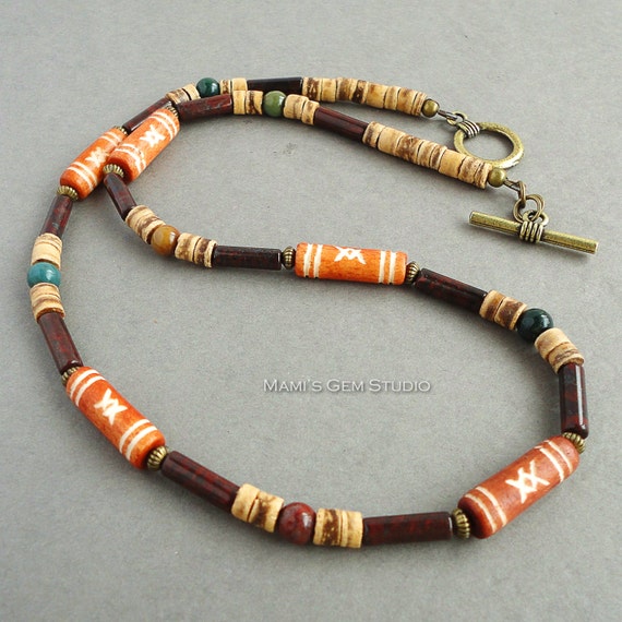 Mens Necklace Tribal Style Beaded Jewelry Bone by mamisgemstudio