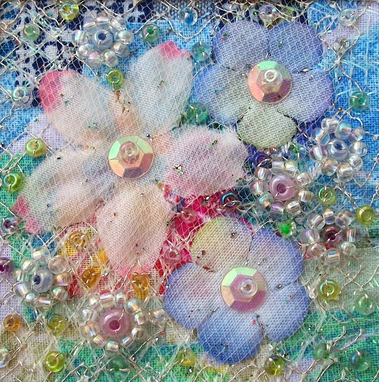 Silk flowers beaded patchwork fabric art card Spring or
