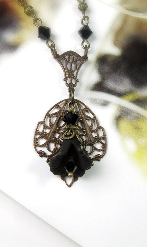 Black Flower Necklace Swarovski Crystal Vintaj by jewelrybyNaLa