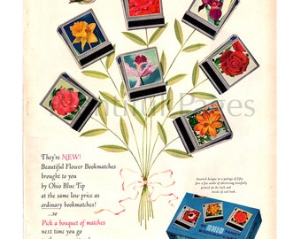 1955 Ohio Blue Tip Matches Vintage Ad, Advertising Art, Retro Ad, Vintage Bookmatches, 1950's Matches, Flowers, Hummingbird.