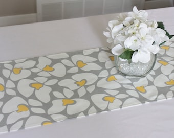 Grey and yellow floral table runner, Choose length, Flower table runner, Wedding table runner, Grey table runner, Summer table runner