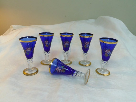 Cordial Liqueur Glasses Set Of 6 Cobalt Glass With Gilt And