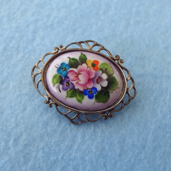 Vintage Russian Rostov Enamel Brooch Vintage Floral On