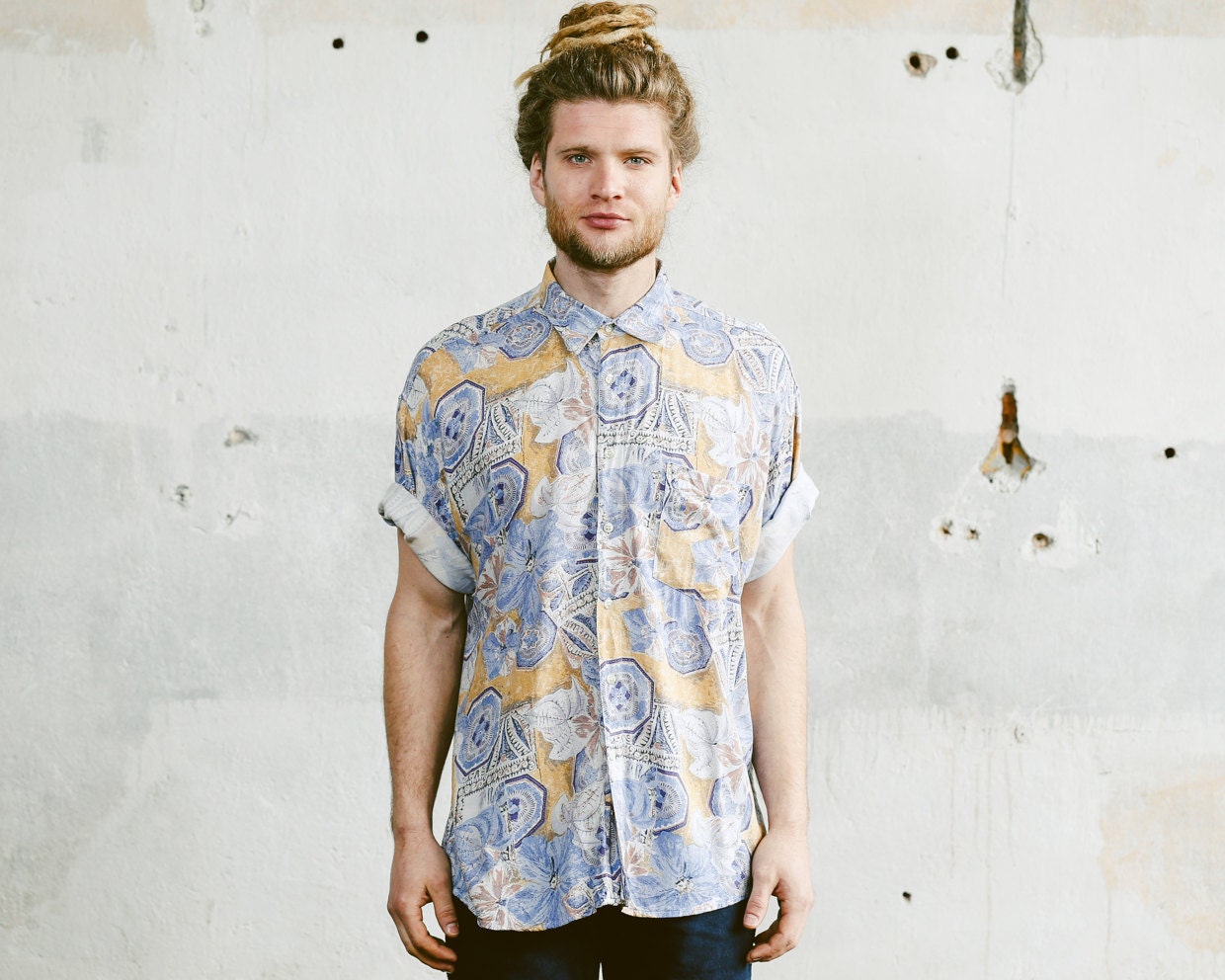 ABSTRACT PRINT Ibiza Shirt . Men’s Vintage 1980s Floral Pastel Blue ...