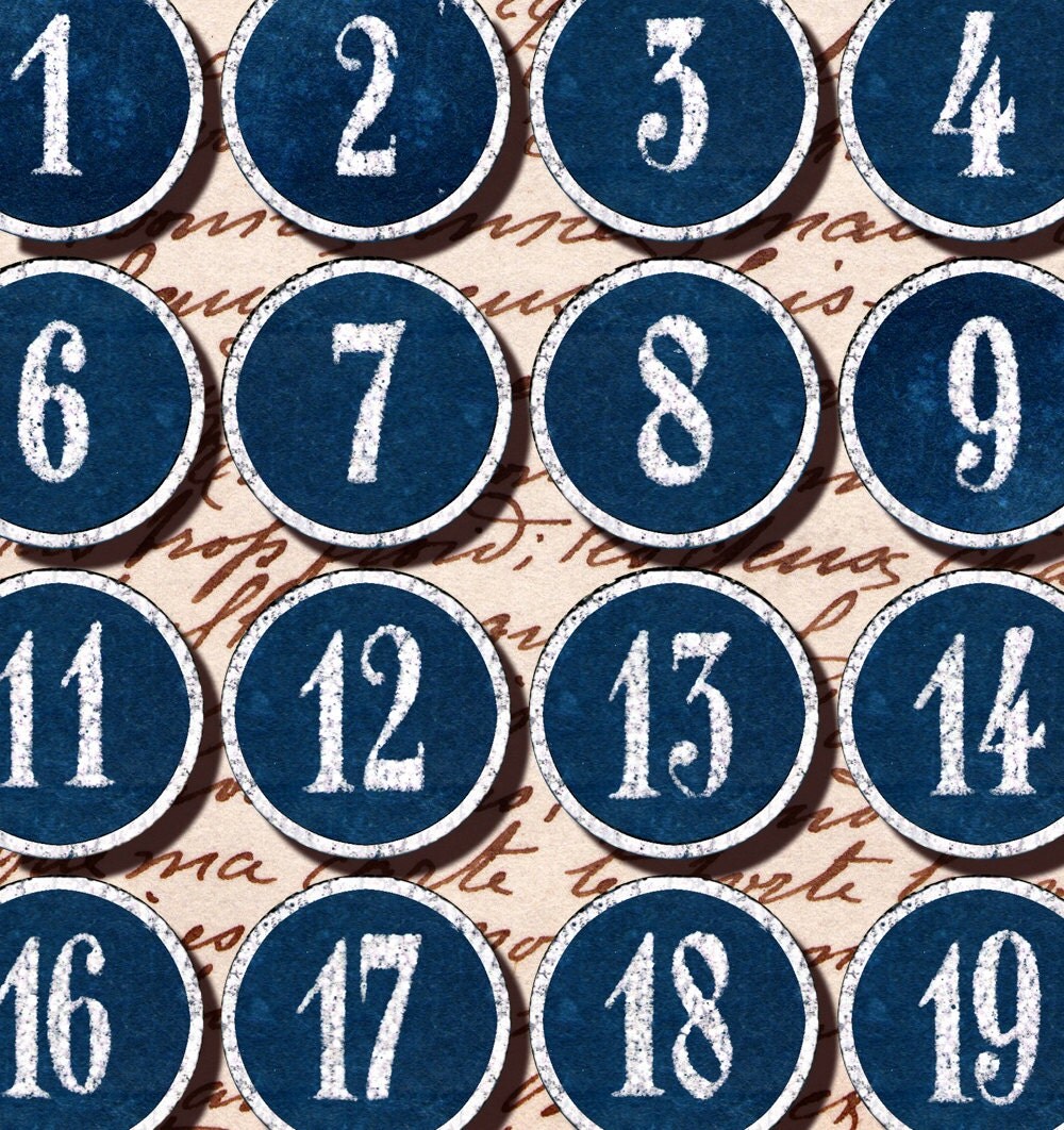 blue and white 1 30 number labels tags 15 inch circles