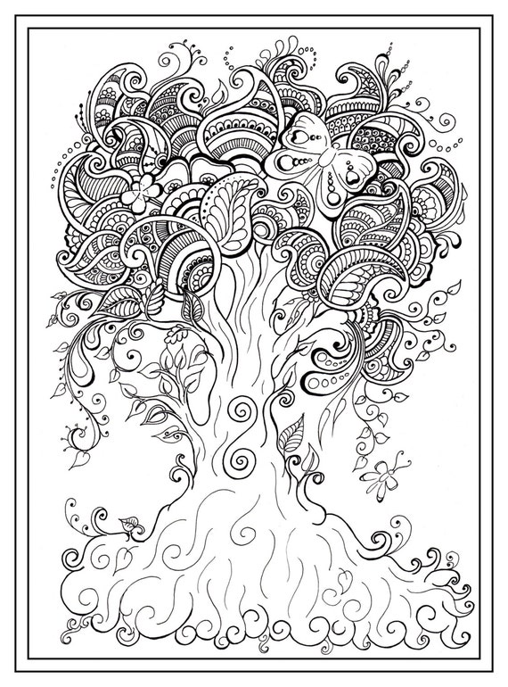 Adult colouring in PDF download tree dragonfly henna zen