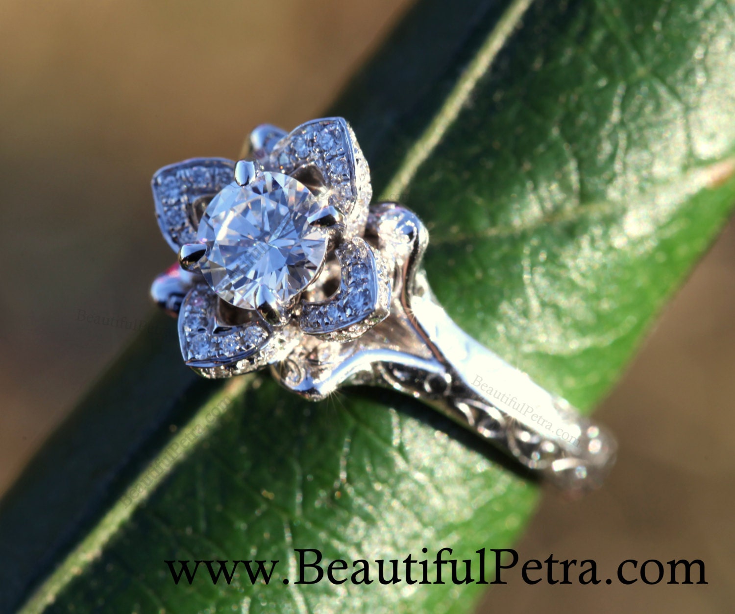 Wedding Set UNIQUE Flower Rose Diamond Engagement Ring and