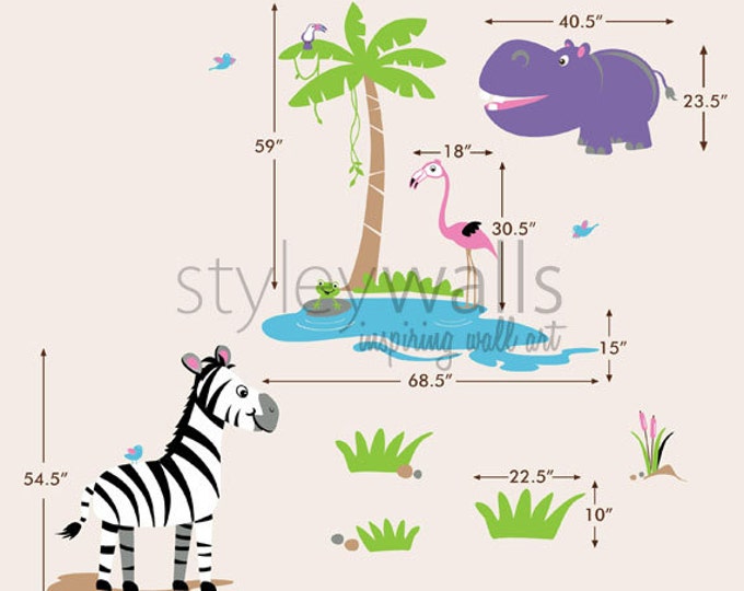 Safari Animals Wall Decal Set, Hippo Flamingo Zebra Frog Sticker Nursery Kids Playroom Room Sticker Art, Jungle Animals Wall Decal