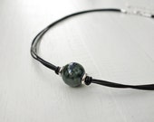 Black leather choker marbled green blue ceramic bead necklace minimalist women