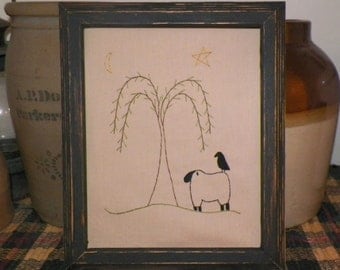 UNFRAMED Primitive Stitchery 8x10 Picture Country Sheep Crow Willow Tree Bedroom Decoration Home Decor Moon Stars Stitched Home wvluckygirl