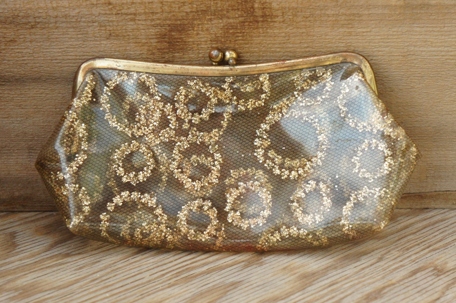 Vintage 60s Mod Clear Plastic And Lace Gold Clutch Purse Make