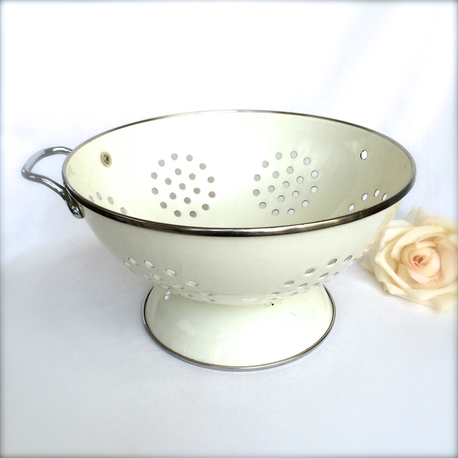 Enamel Colander White Vintage Chippy Strainer Enamelware