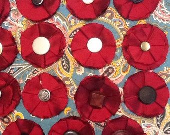 handmade Burgundy Silk Fabric Flowers with Vintage Button Centers