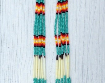 Native American style 6 1/2" Long Turquoise Beaded Porcupine Quill Earrings
