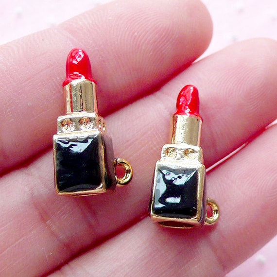 Enameled Lipstick Charms 2pcs / 7mm x 20mm / by MiniatureSweet