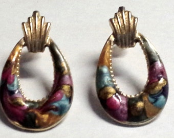 Vintage Multi Color Enamel Metal Teardrop Pierced Post Earrings Circa 1980's Retro Jewelry
