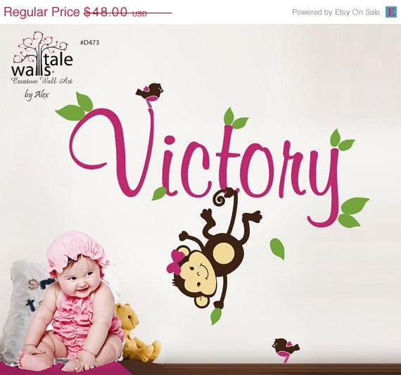 Monkey wall decal with name and little birds for girl or boy nursery.