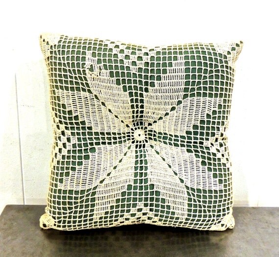 vintage doily throw pillow 1950s-60s teal tufted pillow by mkmack