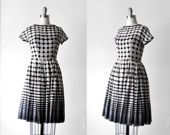 1950's black & white dress. 50's polka dot dress. xs. voile. full skirt. ombre. 50 voile dress. xxs.