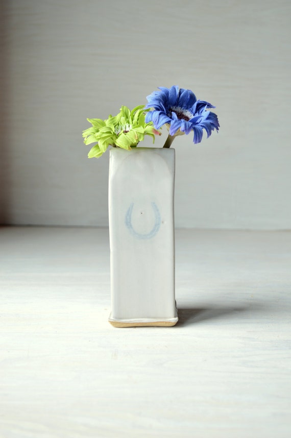 Square White Ceramic Bud Vase with Horseshoe by jillzeidler