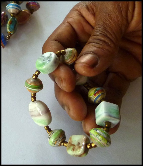 Glazed Clay Beaded Bracelet Hand Rolled Paper Beads Aqua Green