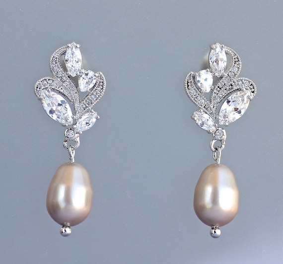 Champagne Pearl Earrings, Crystal & Pearl Drop Earrings, Champagne