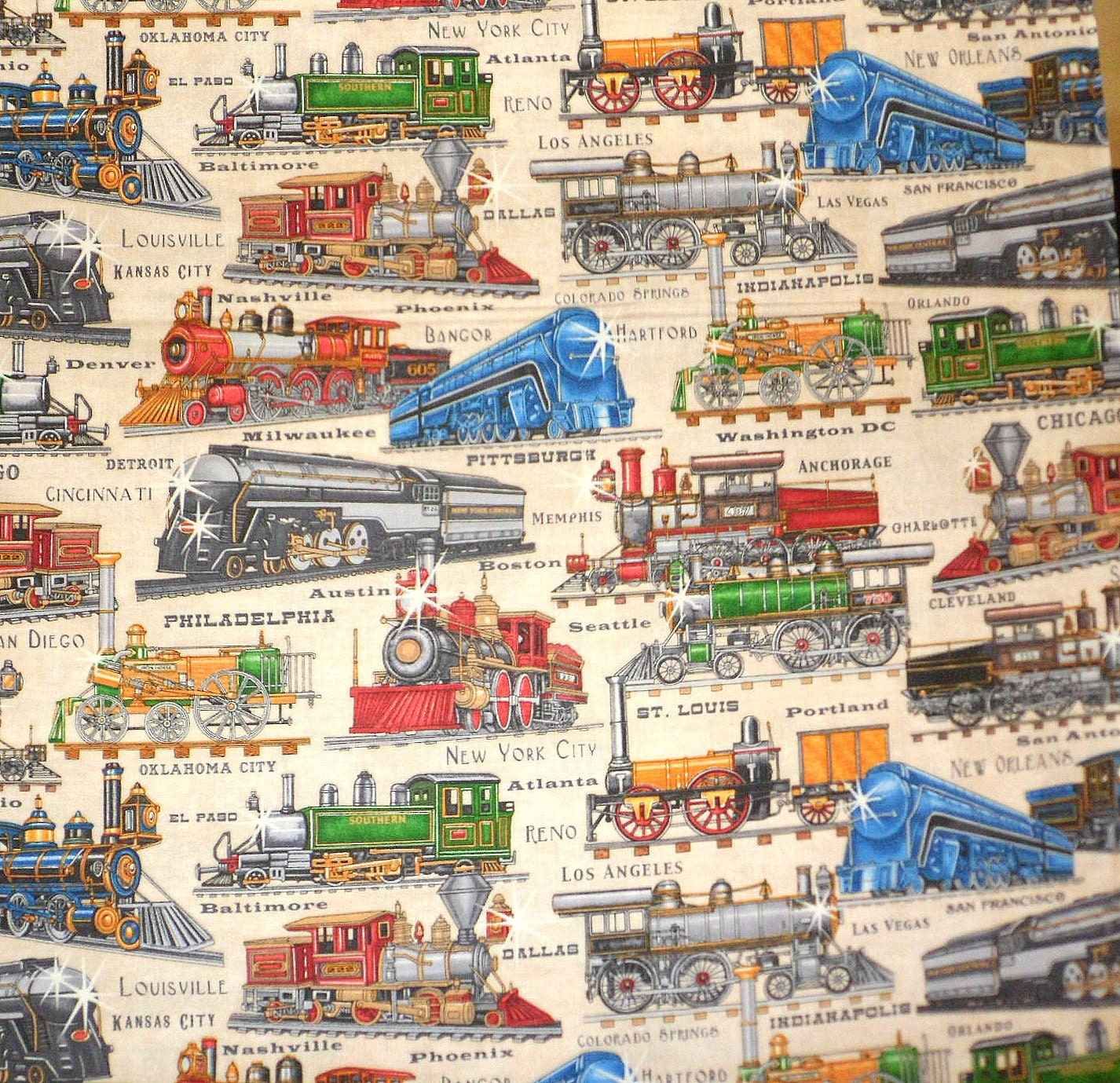 Trains from the Past Material Train fabric Old Trains Cotton