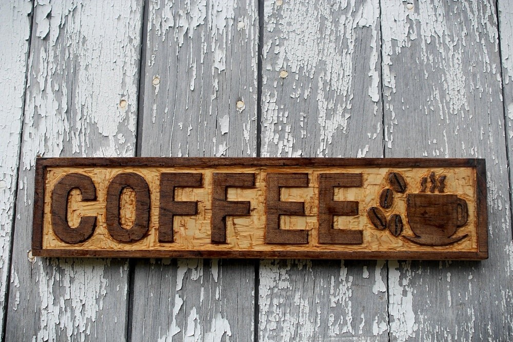 wooden COFFEE sign hand carved old fashioned kitchen decor