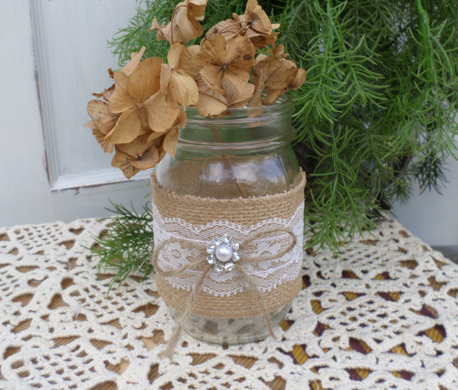 Burlap and Lace Mason Jar Wrap Pint or Quart Size Rustic