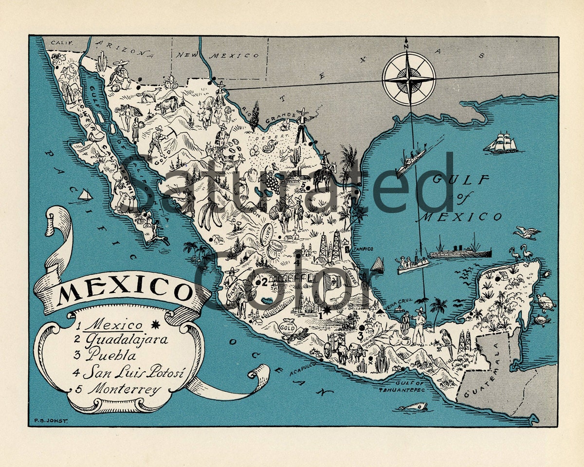 MEXICO Map Digital Download Vintage Picture Map DIY Print MEXICO Map Digital Download Vintage Picture Map DIY Print