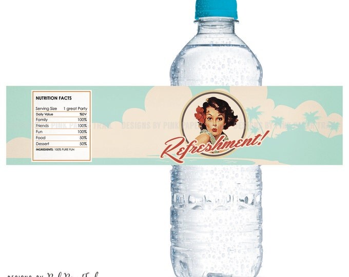 Vintage Retro Hawaiian Pin Up Water Bottle Labels, Party Printables, Instant Download