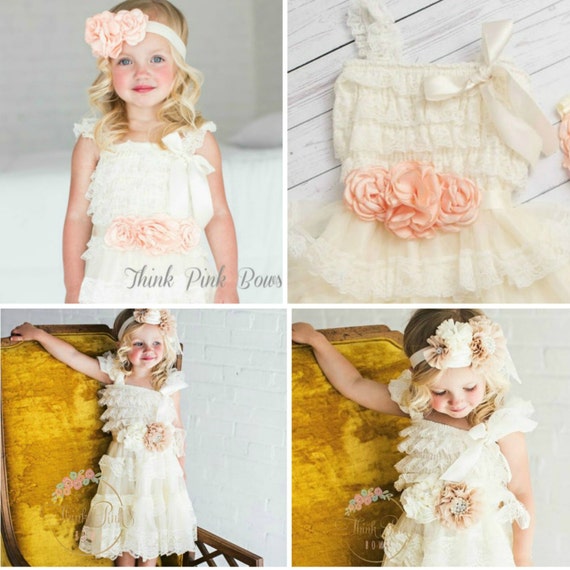 flower girl dress headband and sash SET,baptims dress Easter dress,Birthday dress,Ivory lace dress,Ivory girls dress,baby dress,girls dress. by ThinkPinkBows