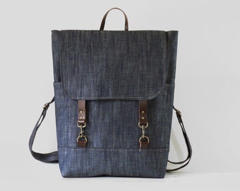 Unisex, Indigo Denim Backpack , laptop bag, diaper bag, diaper backpack. 2 front pockets. 7 inside pockets. Waterproof lining available