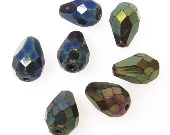 Czech Fire Polished Tear Drop Glass Beads, 10mm, Green Iris, Qty:10